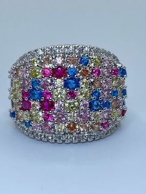 Silver Multicolor CZ Wide Band Ring Statement Cluster Sz 8 Bold Sparkly